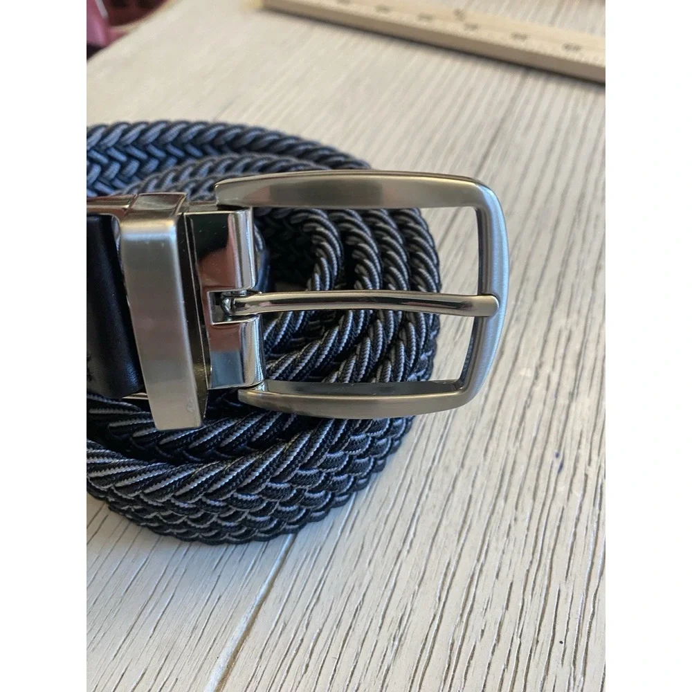 Tommy Bahama Men's  Leather Trim Woven Elastic  Belt Gray Black Size L XL